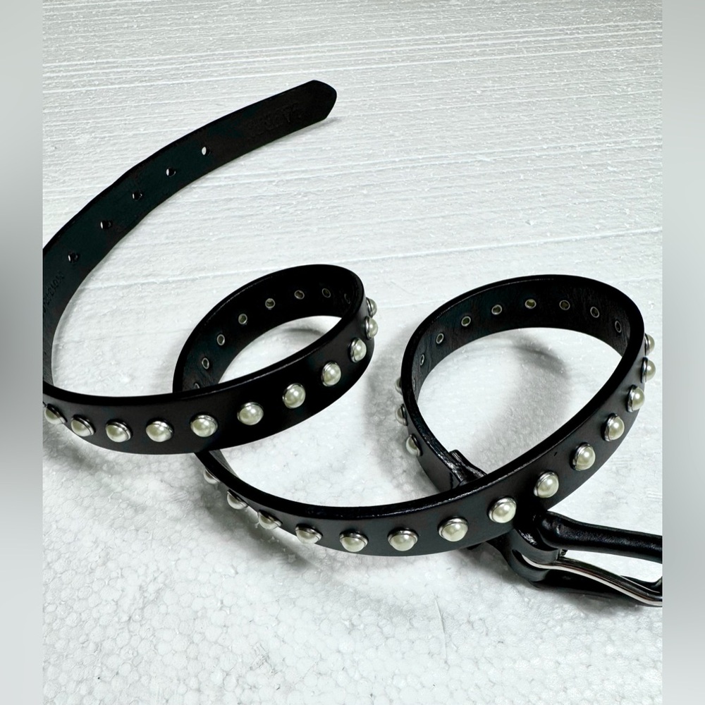 Leather Black Studded Belt with Pearls Classic - Picture 3 of 14
